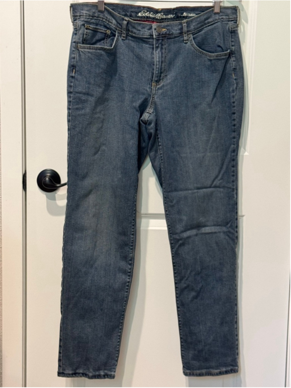 Women's Eddie Bauer Boyfriend Jeans Size 12 Blue with flannel Red Plaid Lining